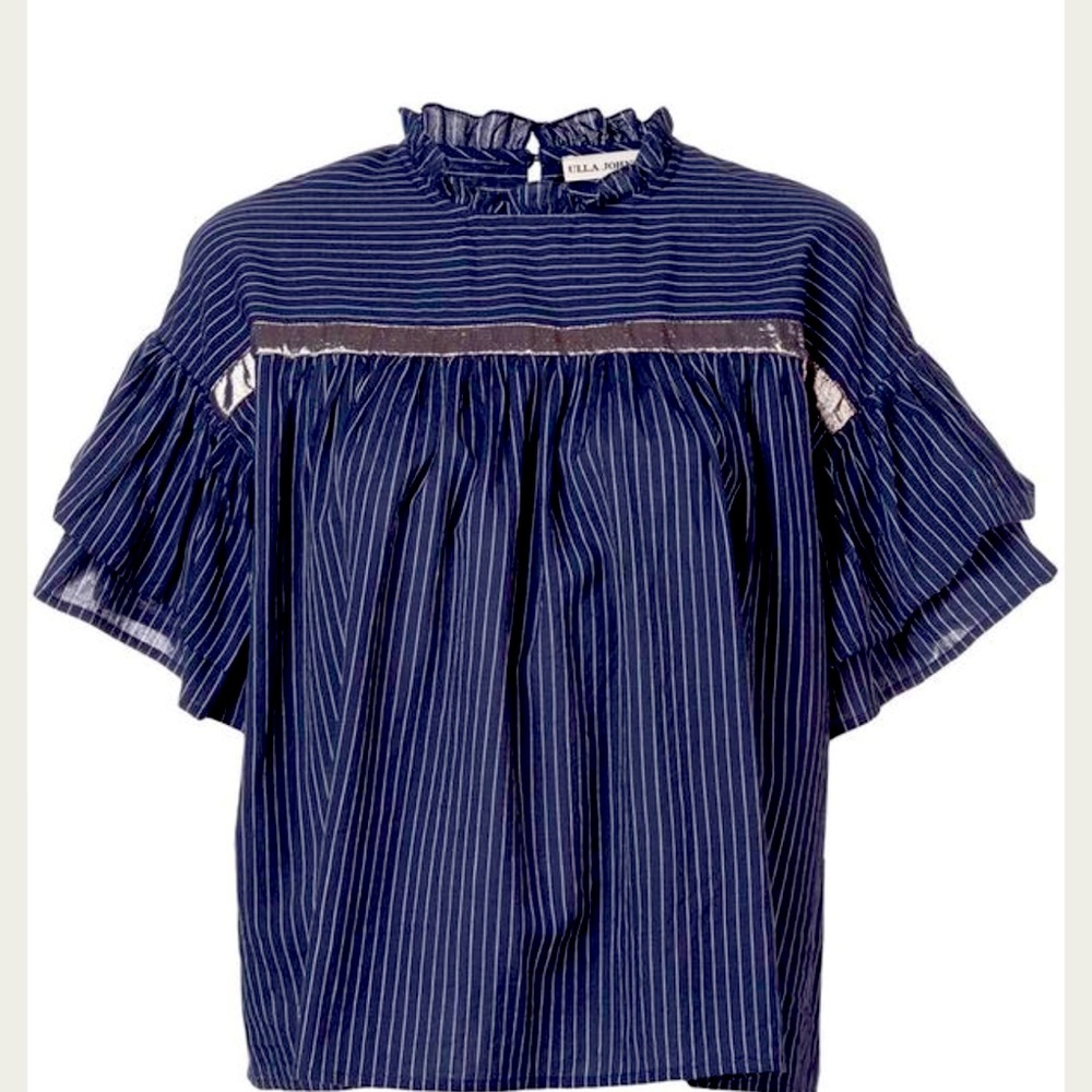 Ulla Johnson Top Midnight Blue Pinstripe Ruffle Sleeves Metallic Detail Size 4